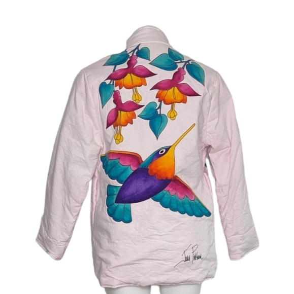 VTG Julia Pinkham Hummingbird Flower Hand Painted Open Front Canvas Jacket - Picture 2 of 5